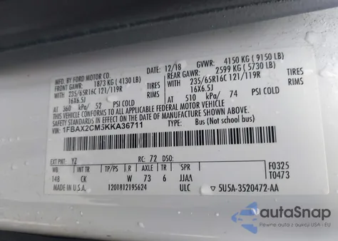 2019 Ford Transit-350 Xlt from USA, damaged, VIN 1FBAX2CM5KKA36711